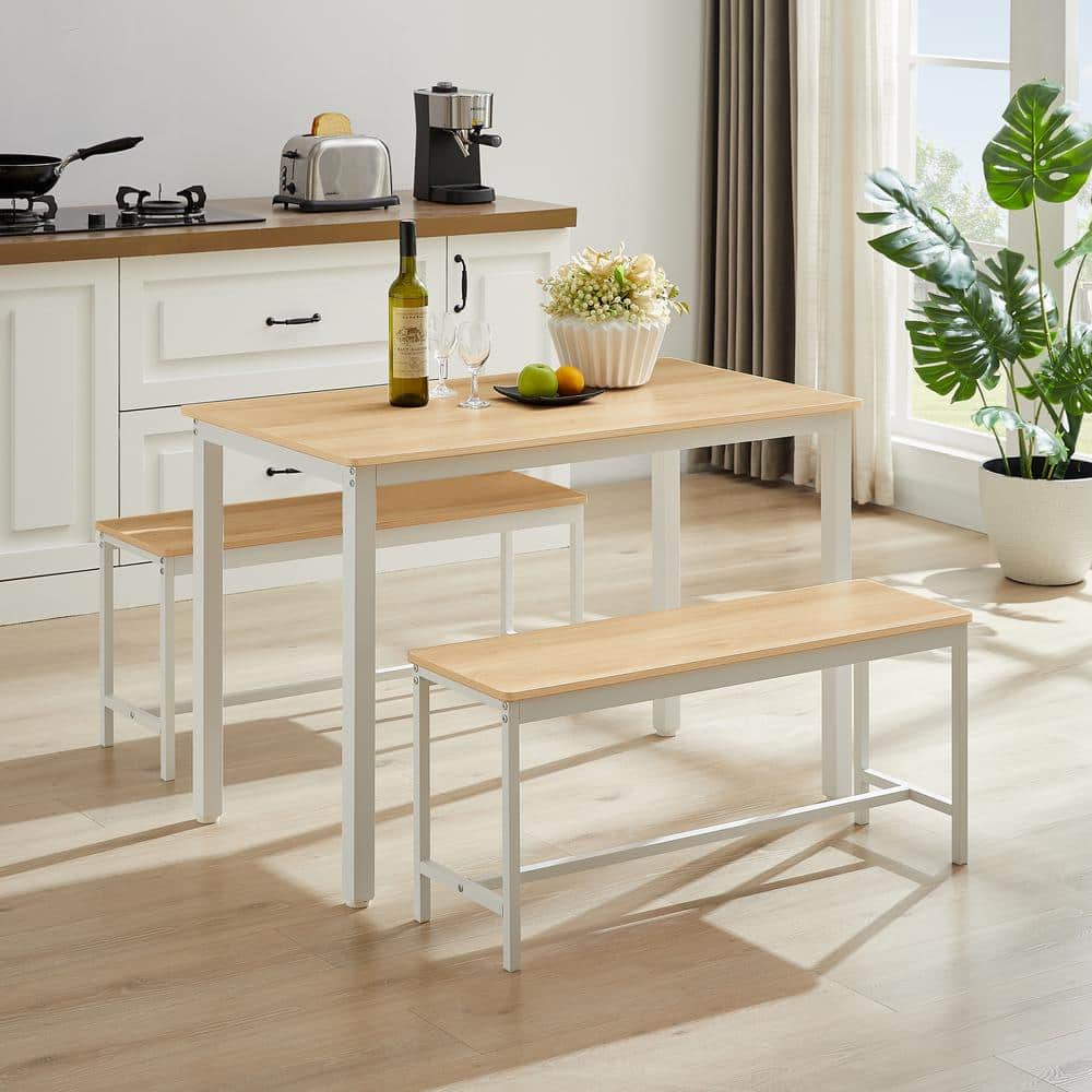 Industrial 3-Piece White MDF Top Dining Table Set with 2 Benches Dining Roo