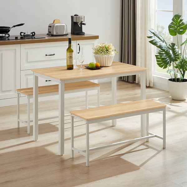 Unbranded Industrial 3-Piece White MDF Top Dining Table Set with 2 Benches Dining Room Table (Set for 4) Bar Table