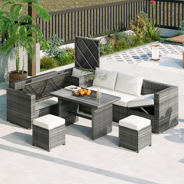 ANGELES HOME 6-Piece PE Wicker Patio Conversation Set with Beige Cushions, Adjustable Seat, Storage Box and Tempered Glass Top Table