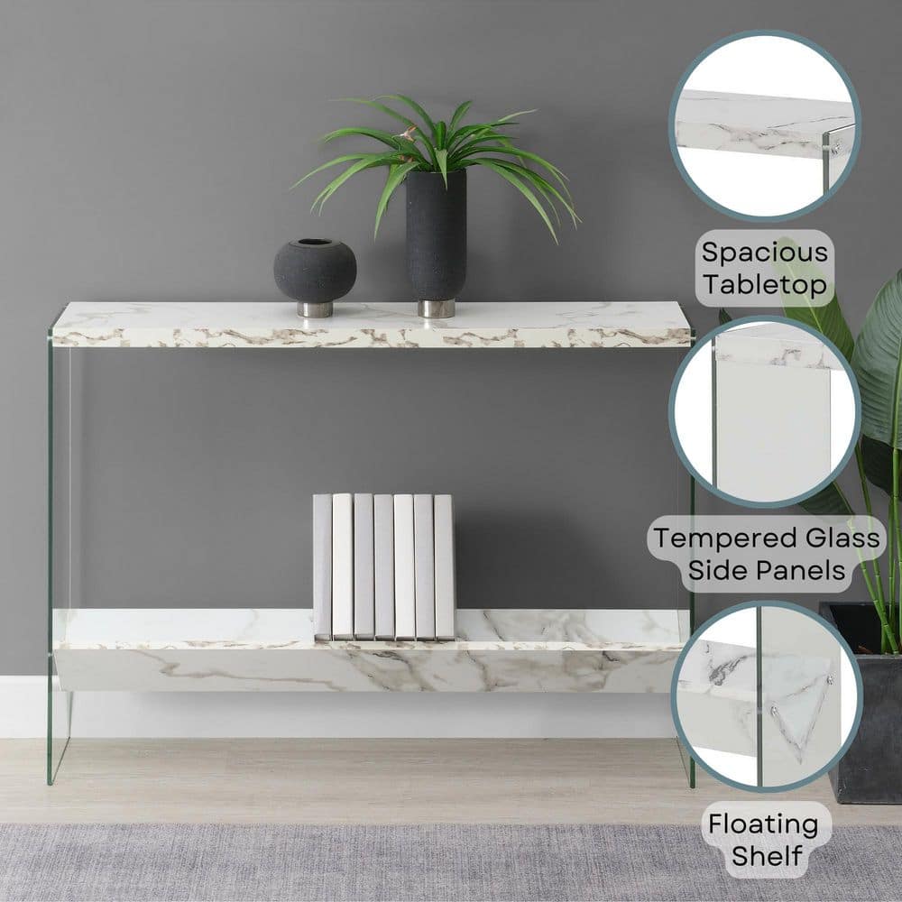 White Faux Marble and Glass Console Table with Storage Shelf