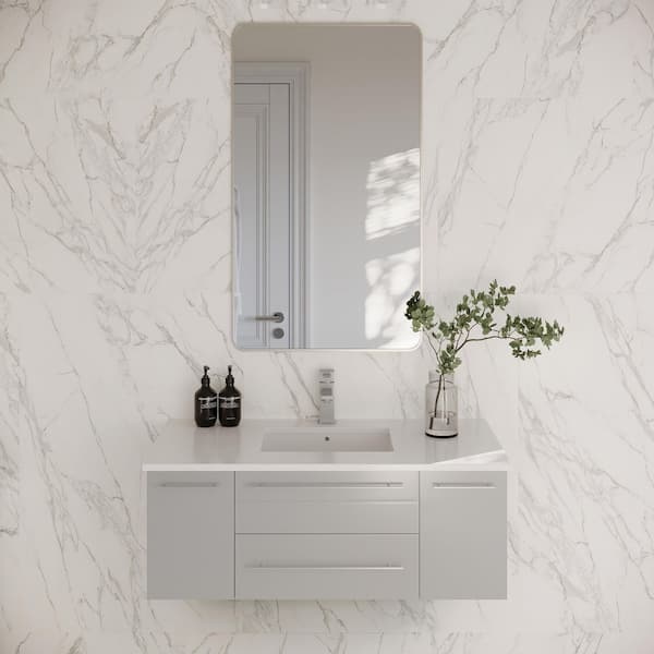 Lucera 42 in. Single Sink Wall Mount Floating Gray Bath Vanity with White Quartz Top and Undermount Ceramic Sink