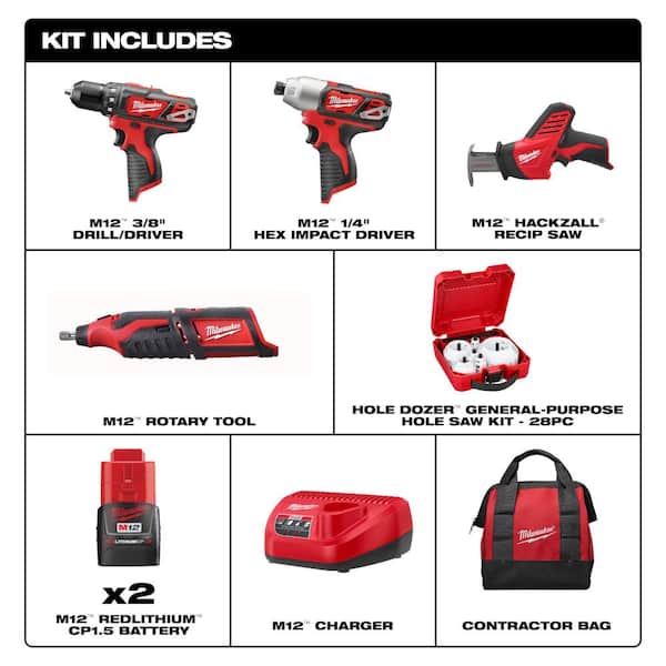 M12 12V Lithium-Ion Cordless 4-Tool Combo Kit with (2) Compact 1.5Ah Batteries and Charger with Hole Saw Set (28-Pc)