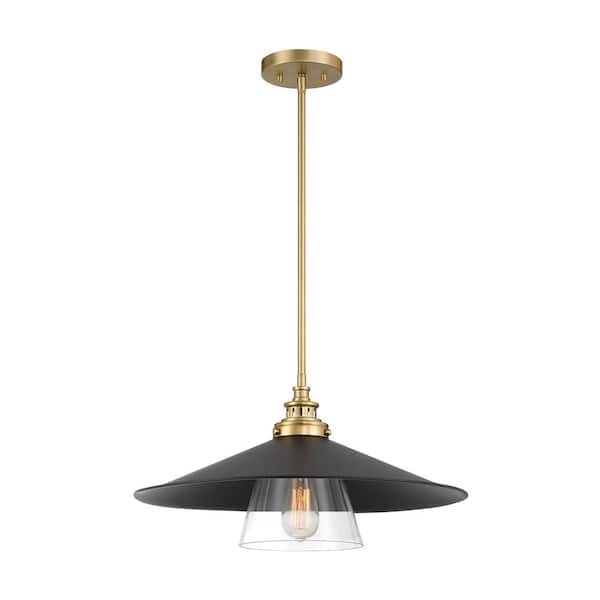 Minka Lavery Segan 60-Watt 1-Light Black and Soft Brass Shaded Pendant Light with Clear Glass Shade