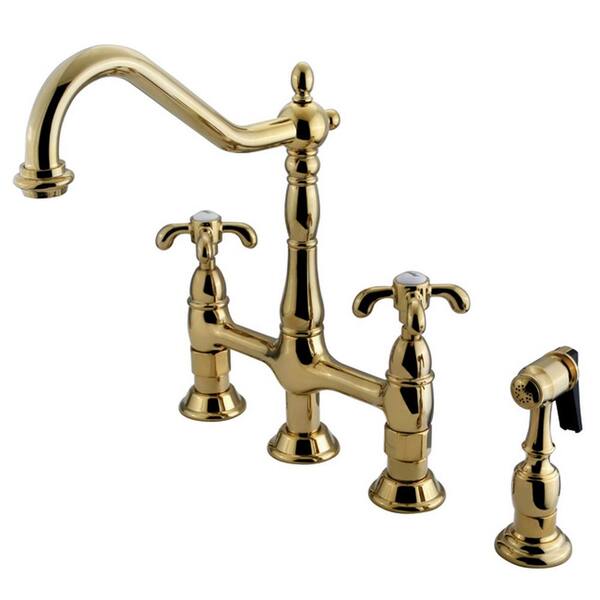 Kingston Brass Victorian Cross 2-Handle Bridge Kitchen Faucet with Side Sprayer in Polished Brass