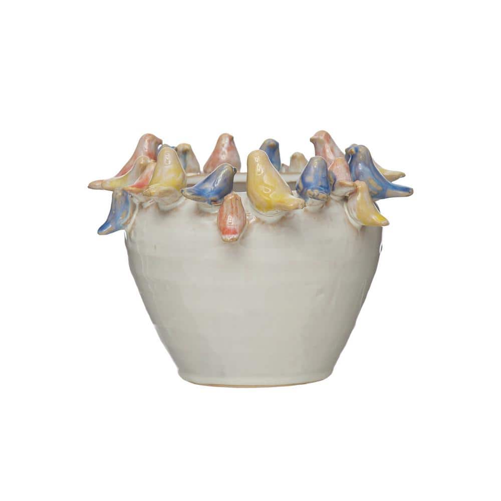 Multicolor Stoneware Planter with Birds on Rim