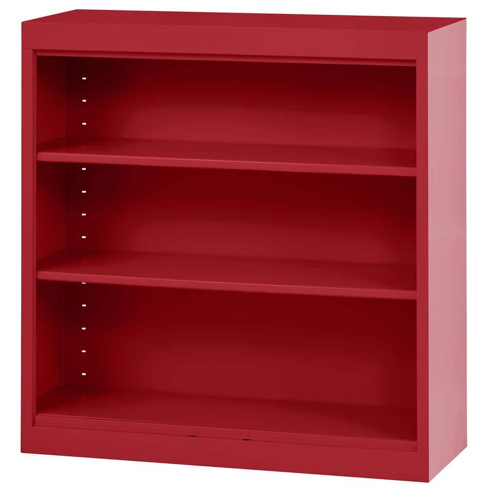 Adjustable Red Powder-Coated Steel 3-Shelf Bookcase