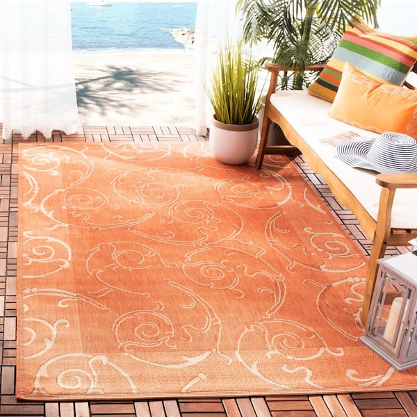 Courtyard Terracotta/Natural 7 ft. x 7 ft. Square Border Indoor/Outdoor Patio  Area Rug