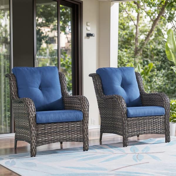 Opohoro ArcoBay Metal and Gray Wicker Outdoor Lounge Chair with Olefin Blue Cushions (2-Pack)
