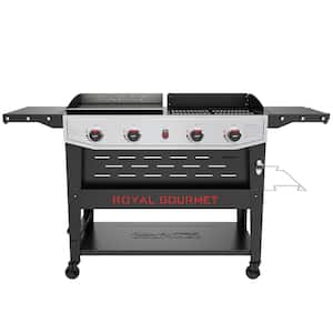 4-Burner Gas Grill and Griddle Combo with Cooking Grates, Black and Silver, Heavy-Duty and Durable for Outdoor Cooking