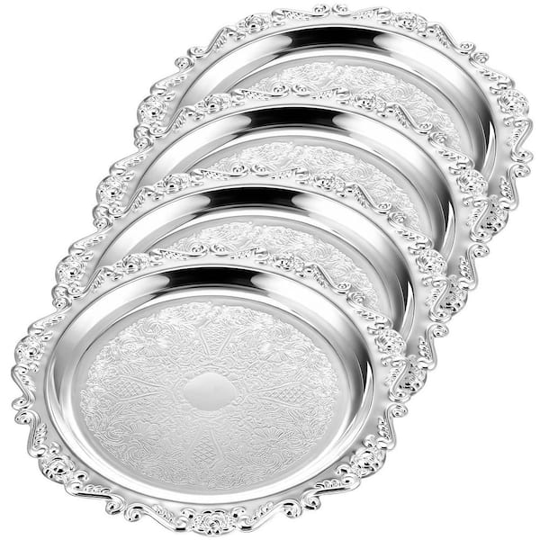 Silver Steel 4 Pack Round Metal Serving Tray 10 in., Vintage Floral Engraved Buffet and Decorative Platter Set
