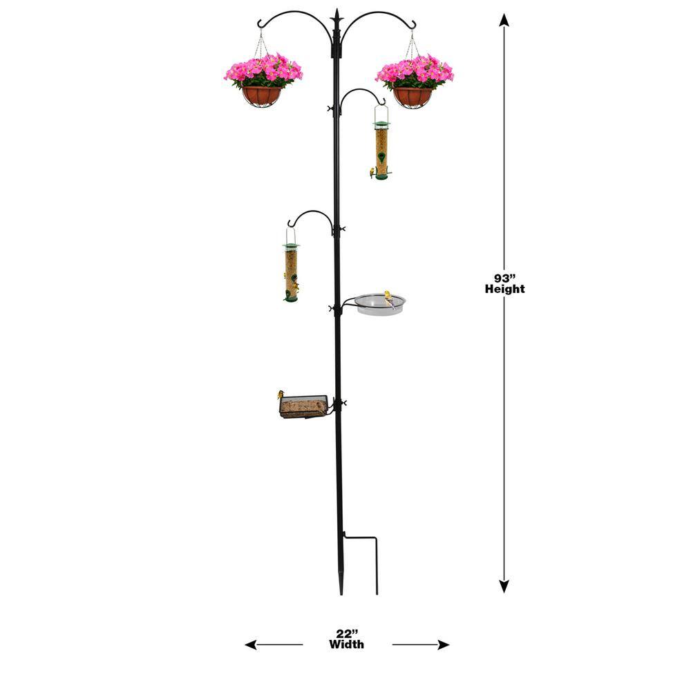 Tall Black Metal Bird Feeding and Bath Station with Hooks