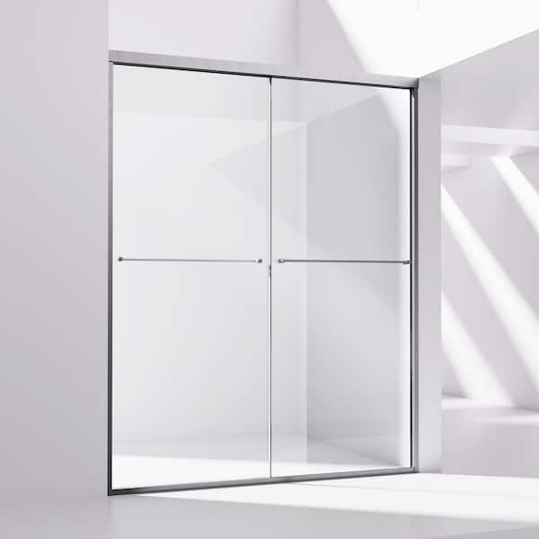 56 in. - 60 in. W x 76 in. H Double Sliding Semi-Frameless Shower Door in Brushed Nickel with 5/16 in.(8 mm) Clear Glass