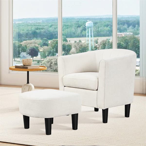 Beige Velvet Barrel Chair with Ottoman Footrest Curved Backrest Armrests Removable Seat Cushion