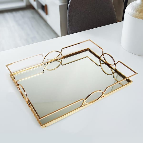 LIVING LUXURY Art Deco Rectangle Metal Mirror Gold Decorative Tray 17in