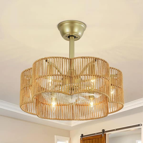 Jolie 6-Light 19.6 in. Farmhouse Boho Gold and Brown 7-Blade Indoor Drum Ceiling Fan Lighting with Remote Included