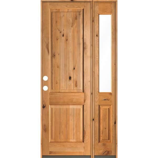Krosswood Doors 46 in. x 96 in. Rustic Knotty Alder Square Top Right-Hand/Inswing Clear Glass Clear Stain Wood Prehung Front Door w/RHSL