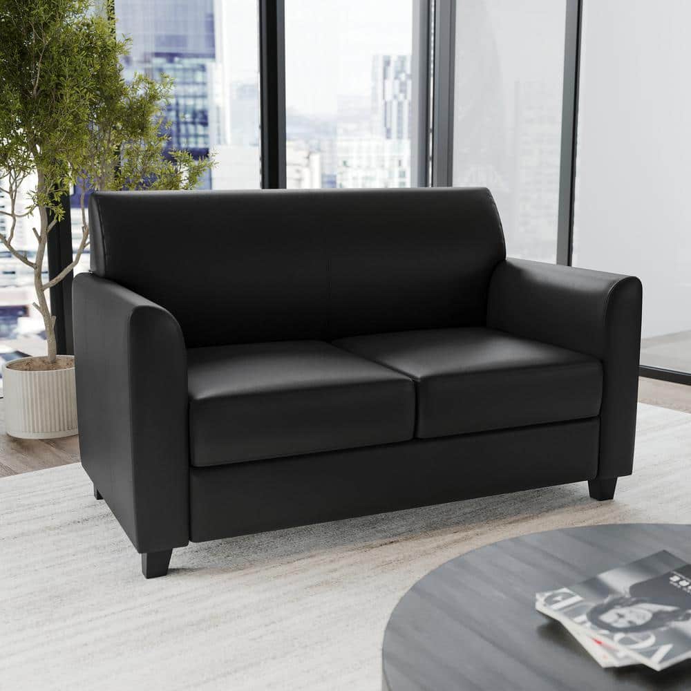 Black Faux Leather Reception Loveseat with Flared Arms