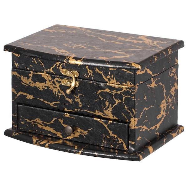 Vintiquewise QI004371 Black and Gold Marble Decorative Modern Wooden Jewelry Box Holder with lining, and Drawer