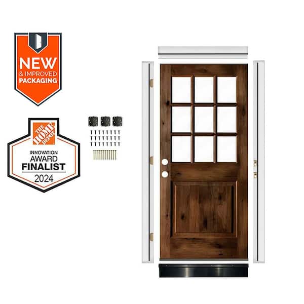 Krosswood Doors DIY 36 in. x 80 in. Right-Hand 9-Lite Clear Glass Provincial Stain Alder Wood Front Door Kit w/ Quick Assemble Jamb