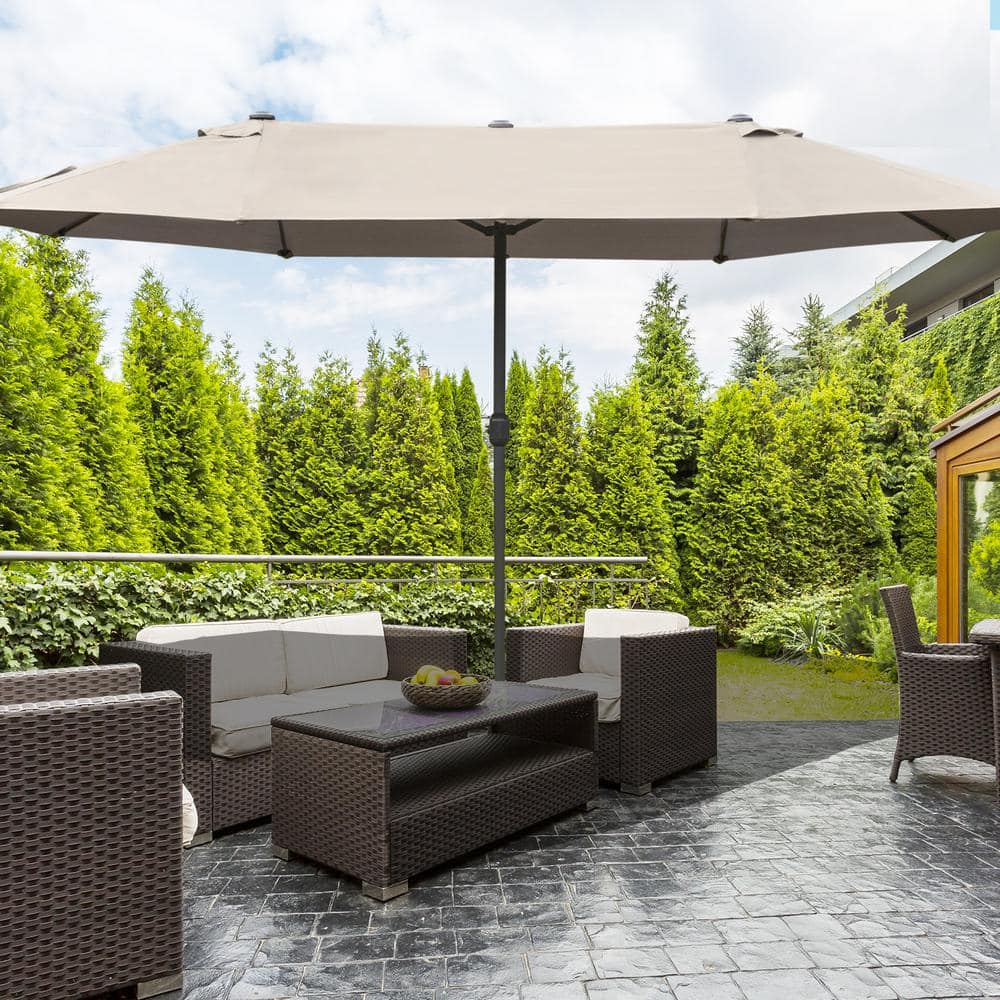 Off-White Steel Rectangular Outdoor Patio Umbrella with Manual Lift