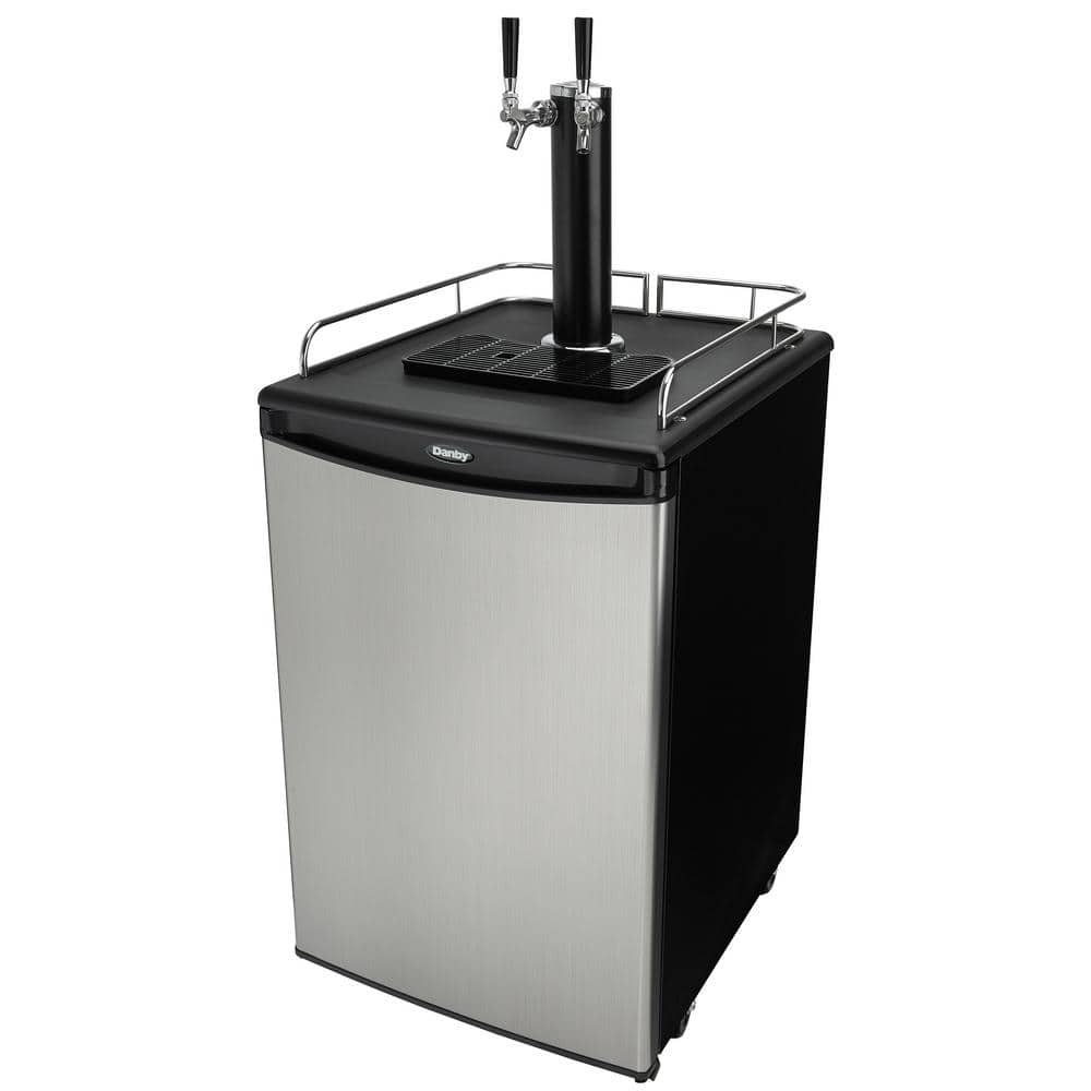 Spotless Steel and Black Dual Tap Freestanding Beverage Dispenser