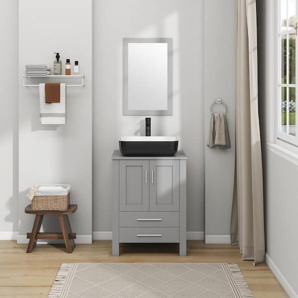 Puluomis 24 in. W x 20 in. D x 32 in. H Single Sink Bath Vanity in Gray with Gray Solid Surface Top and Mirror