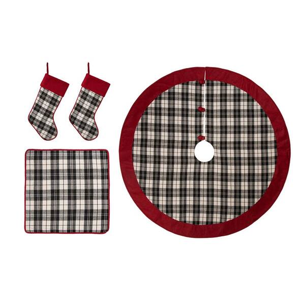 Glitzhome 48 in. Black and White Plaid Fabric Tree Skirt/Stocking/Pillow Cover Christmas Decoration (Set of 4)