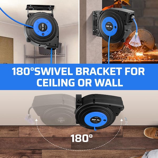 50 ft. 14/3 SJTW 13 Amp Retractable Extension Cord Reel with 3-Lighted Triple Outlets, Blue