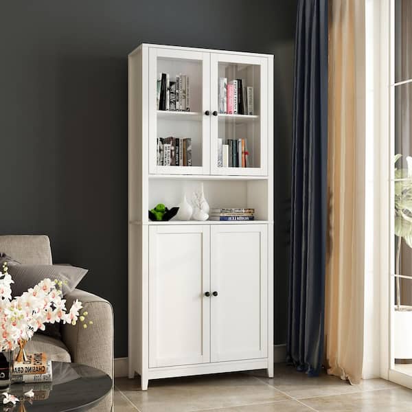 FUFU&GAGA 74.8 in. White MDF Bookcase with 4 Adjustable Shelves, a Open Cabinet and 4 Doors