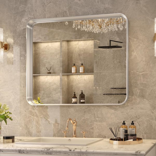 36 in. W x 30 in. H Rectangular Aluminum Beveled Edge Horizontal/Vertical Wall Bathroom Vanity Mirror in Brushed Nickel