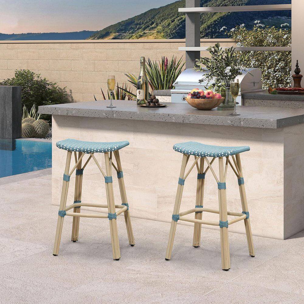 Bar Height Outdoor Bar Stool Aluminum Patio Modern Wicker Bar Stools with Saddle Seat, Light Blue(2-Pack) price history on PriceWatchPro