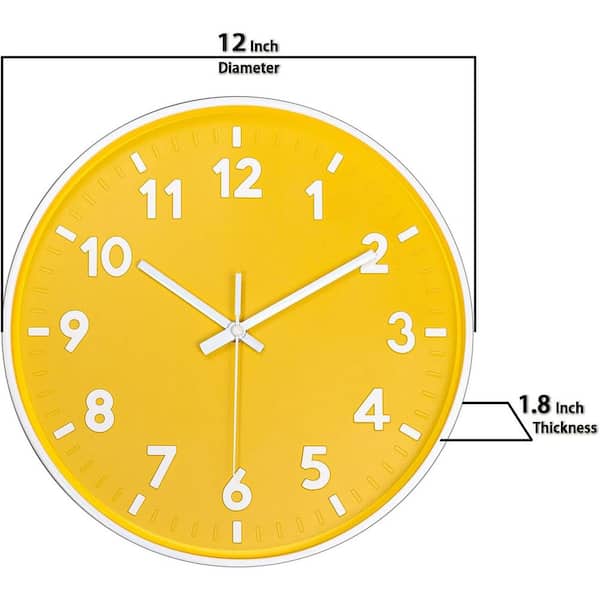 Afoxsos 12 in. Yellow Analog Wall Clock Silent Non-Ticking Battery