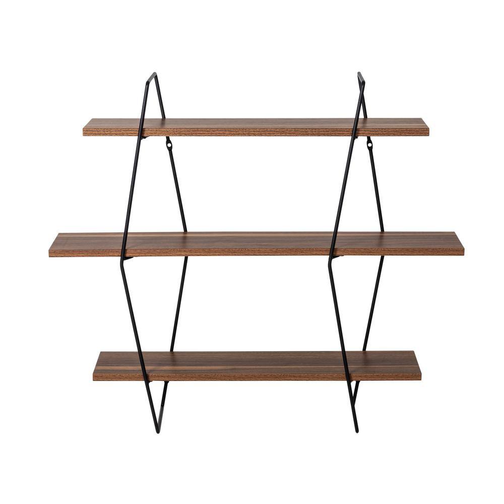 Industrial Black Steel and Wood 3-Tier Wall Shelf