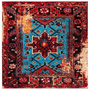 Vintage Hamadan Red/Light Blue 5 ft. x 5 ft. Floral Border Square Area Rug