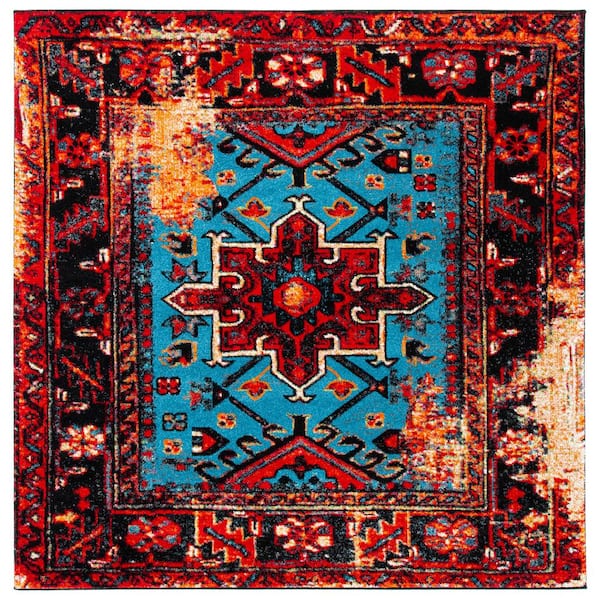SAFAVIEH Vintage Hamadan Red/Light Blue 5 ft. x 5 ft. Floral Border Square Area Rug