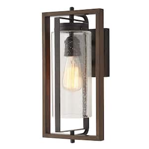 Palermo Grove 8 in. 1-Light Gilded Iron Rustic Farmhouse Outdoor Wall Lantern Sconce with Walnut Wood Accents