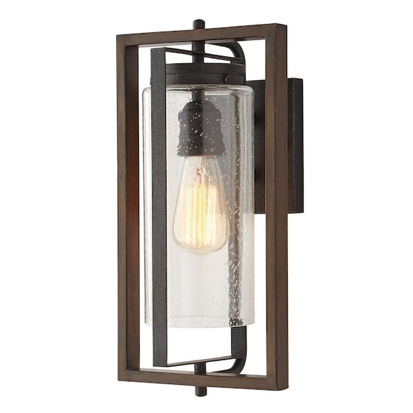 Home Decorators Collection Palermo Grove 15.87 in. 1-Light Gilded Iron Rustic Farmhouse Outdoor Wall Lantern Sconce with Walnut Wood Accents