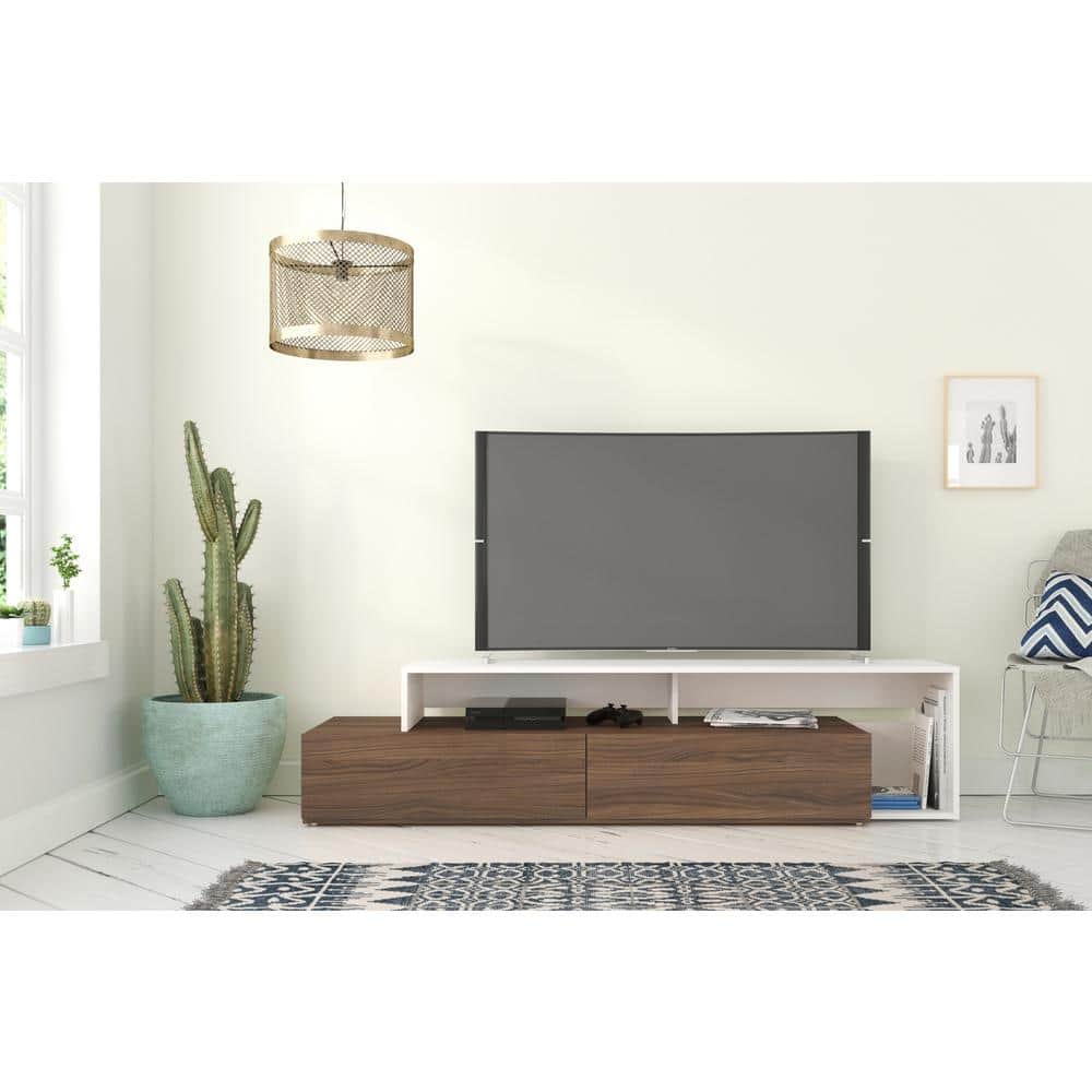 Tonik 72'' Walnut & White Modern Minimalist TV Stand with Storage