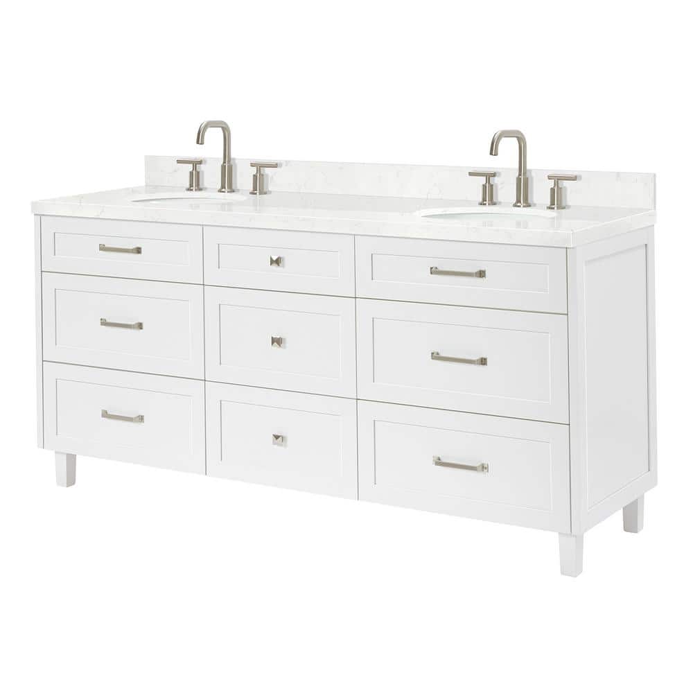 White Double Sink Bathroom Vanity with Carrara Quartz Top
