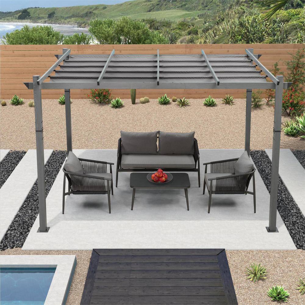 PURPLE LEAF 10 ft. x 13 ft. Grey Aluminum Outdoor Retractable Pergola ...