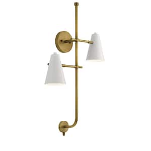 Sylvia 2-Light White and Natural Brass Bedroom Indoor Wall Sconce Light