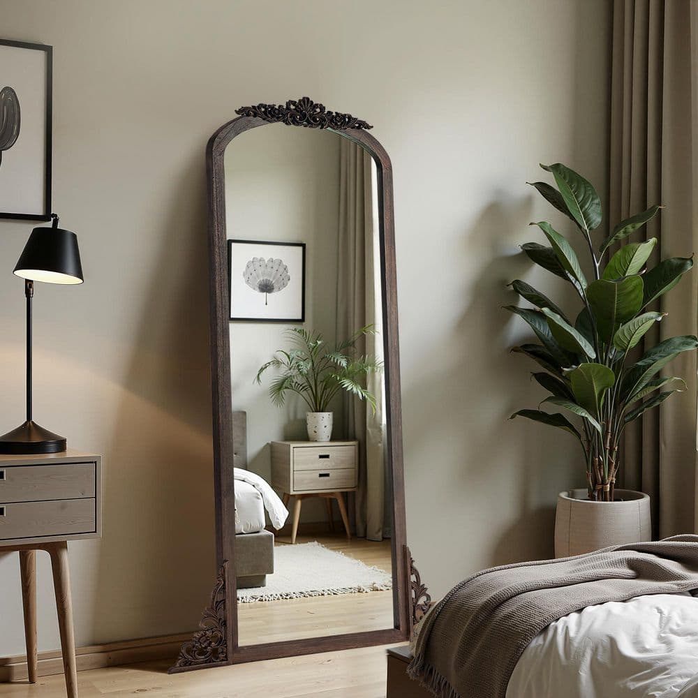 Dovelina Carbonized Brown 21 in. W x 64 in. H Arched Wood Full Length Mirror Standing Mirror, image size:1000x1000