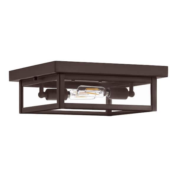 Hampton Bay Porter Hills 2-Light Dark Olde Bronze Outdoor Flush Mount Ceiling Light with Clear Glass, No Bulbs Included