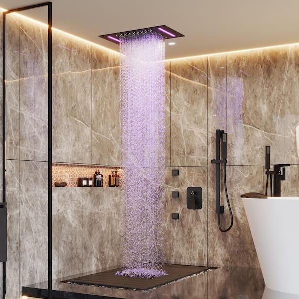 Single-Handle 3-Spray Ceiling Mount 64-Color Mood Lighting Shower Faucet 2.5 GPM with Body Spray in Matte Black