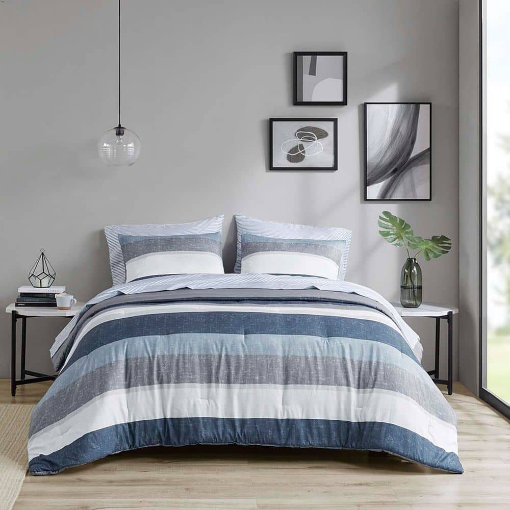 All Season Polyester Full Soft Comforter Set Blue Stripe 7-Piece Comforter 
