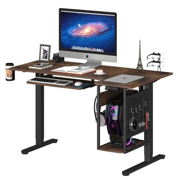 Bestier 57.48 in. Rectangular Rustic Brown Wood Sit to Stand Desk with ...