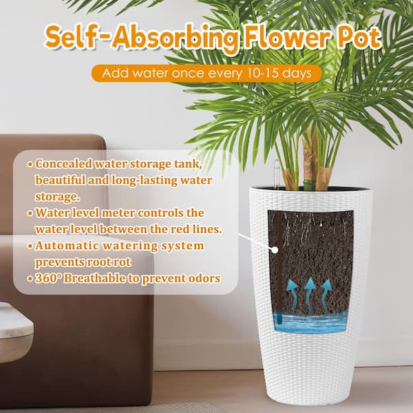 Unbranded 22 ft. White Plastic Large Flower Pots with Water Level  Monitoring Inner Bucket, Automatic Watering (Pack of 2) Y-W3213P311467