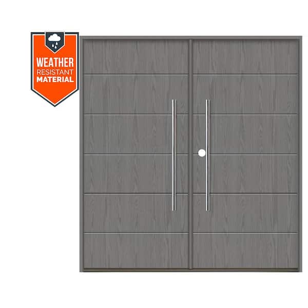 TETON Modern Faux Pivot 72 in. x 79 in. Right-Active/Inswing Malibu Grey Stain Double Fiberglass Prehung Front Door