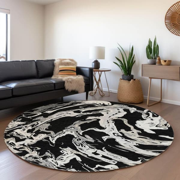 Mayfield Premium Machine Washable Abstract AMF1035 Black 8 ft. x 8 ft. Round Rug