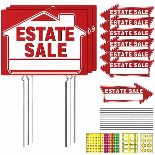 14pcs Pack Estate Sale Signs Double Sided Plastic with Metal Stakes Fluorescent Pricing Stickers Arrow Kit